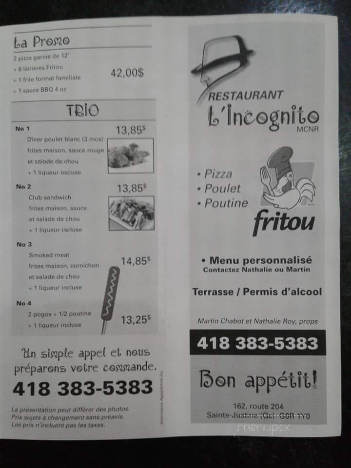 Restaurant L'Incognito - Sainte-Justine, QC menu_pic