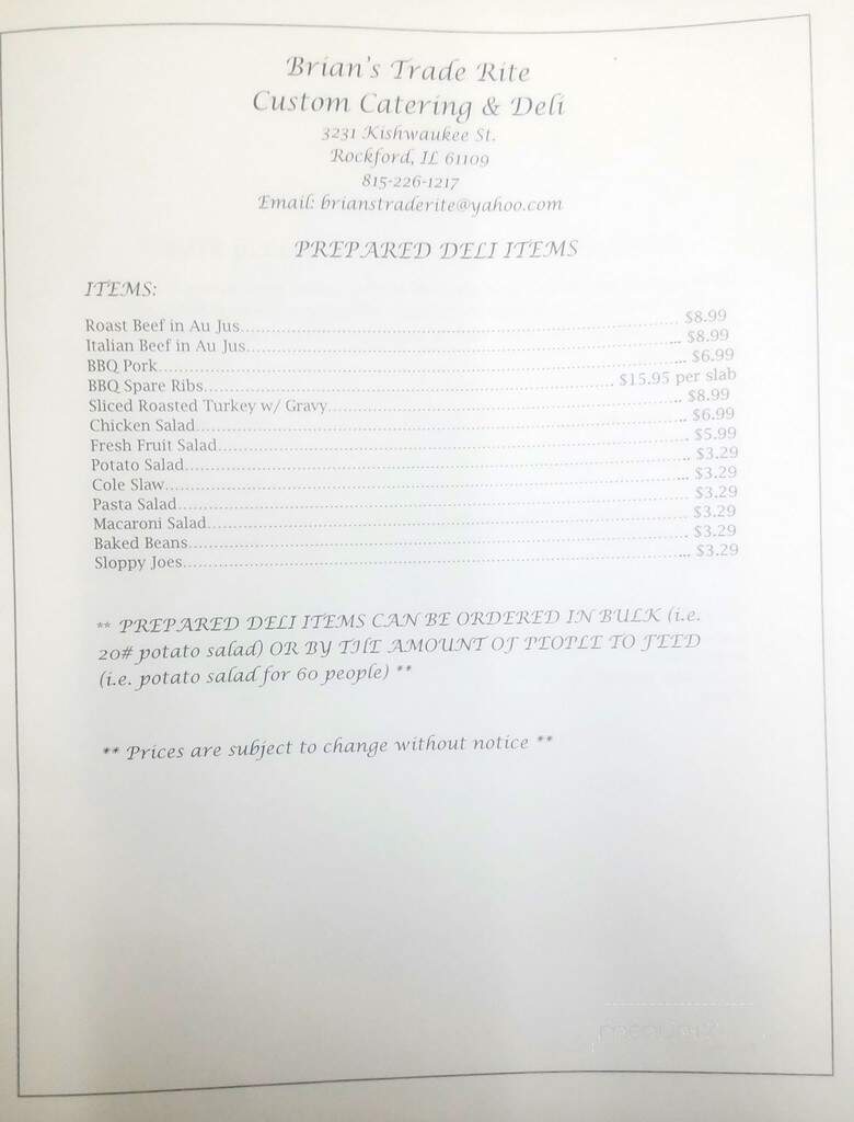 Brian's Trade Rate Foods - Rockford, IL menu_pic