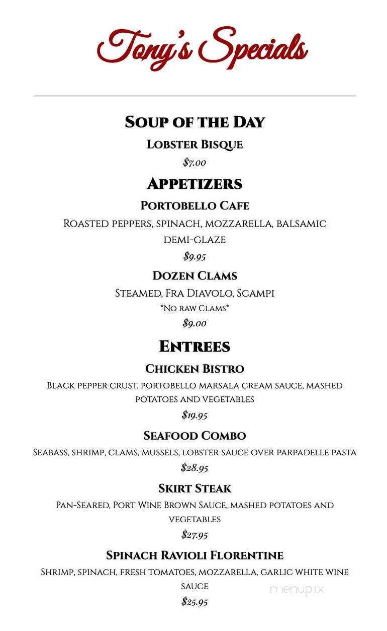 Tony's Restaurant & Pub - Califon, NJ menu_pic