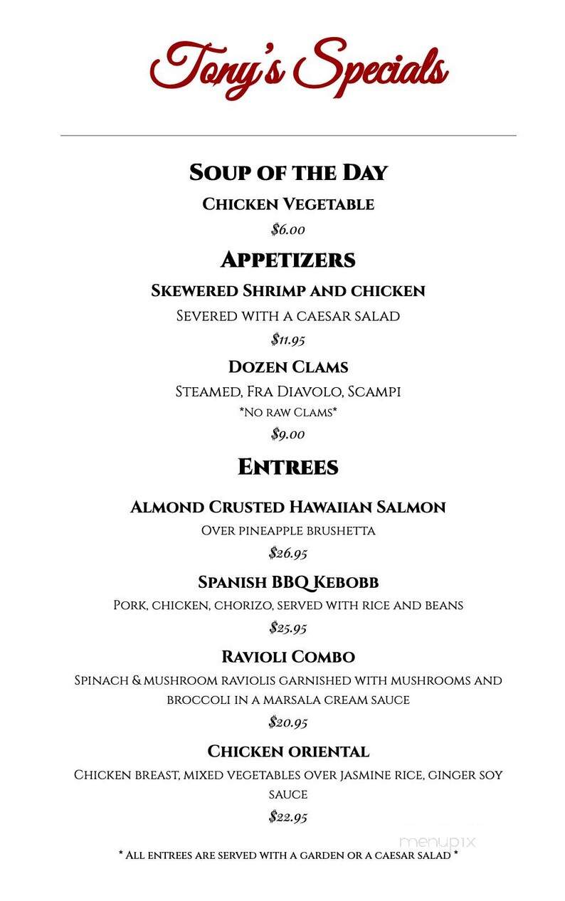 Tony's Restaurant & Pub - Califon, NJ menu_pic