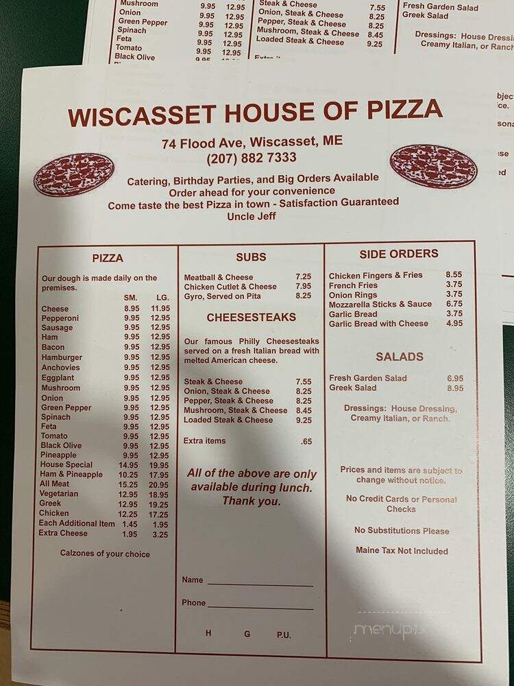 Wiscasset House of Pizza - Wiscasset, ME menu_pic