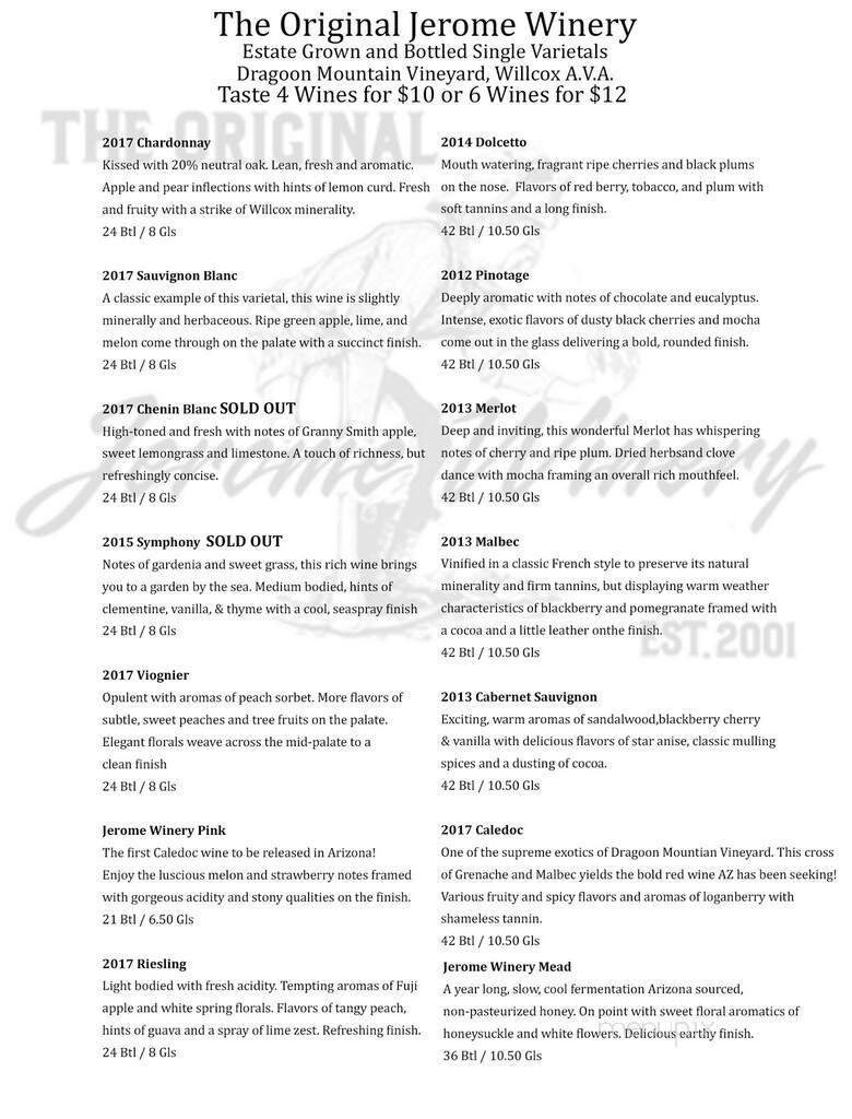 The Original Jerome Winery - Jerome, AZ menu_pic