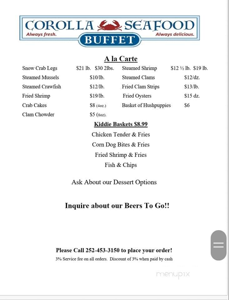 Corolla Seafood Buffet - Corolla, NC menu_pic