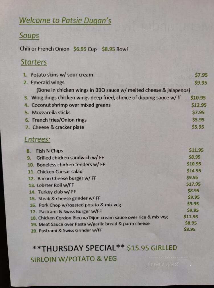 Patsie Dugan's - Worcester, MA menu_pic