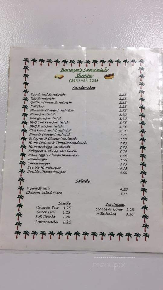 Bennye's Sandwich Shoppe - Marion, SC menu_pic