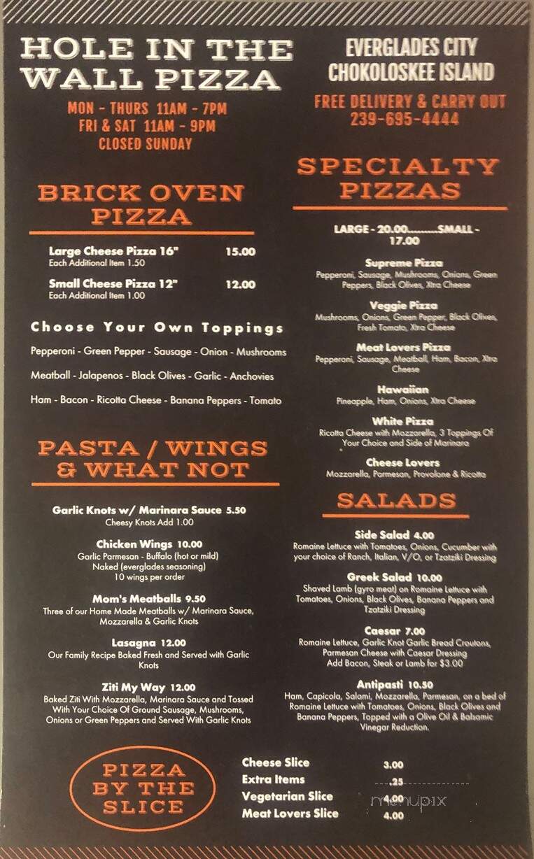 Hole In the Wall Pizza - Ochopee, FL menu_pic