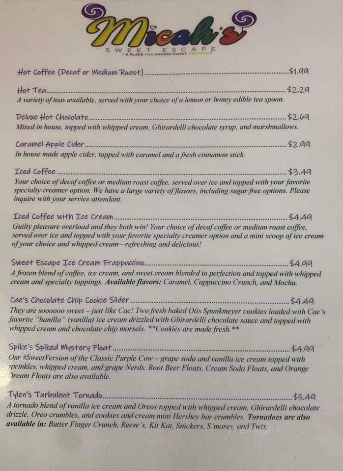 Micah's Sweet Escape - Albemarle, NC menu_pic
