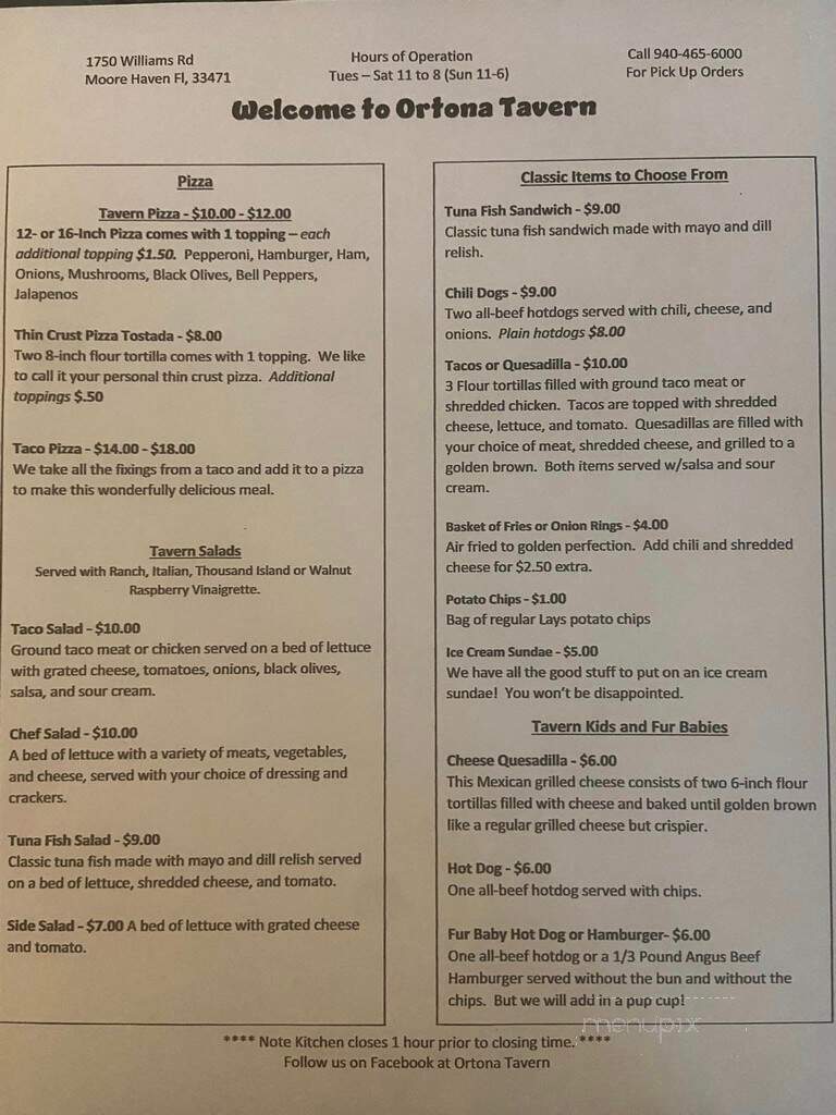 Ortona Tarvern - Moore Haven, FL menu_pic