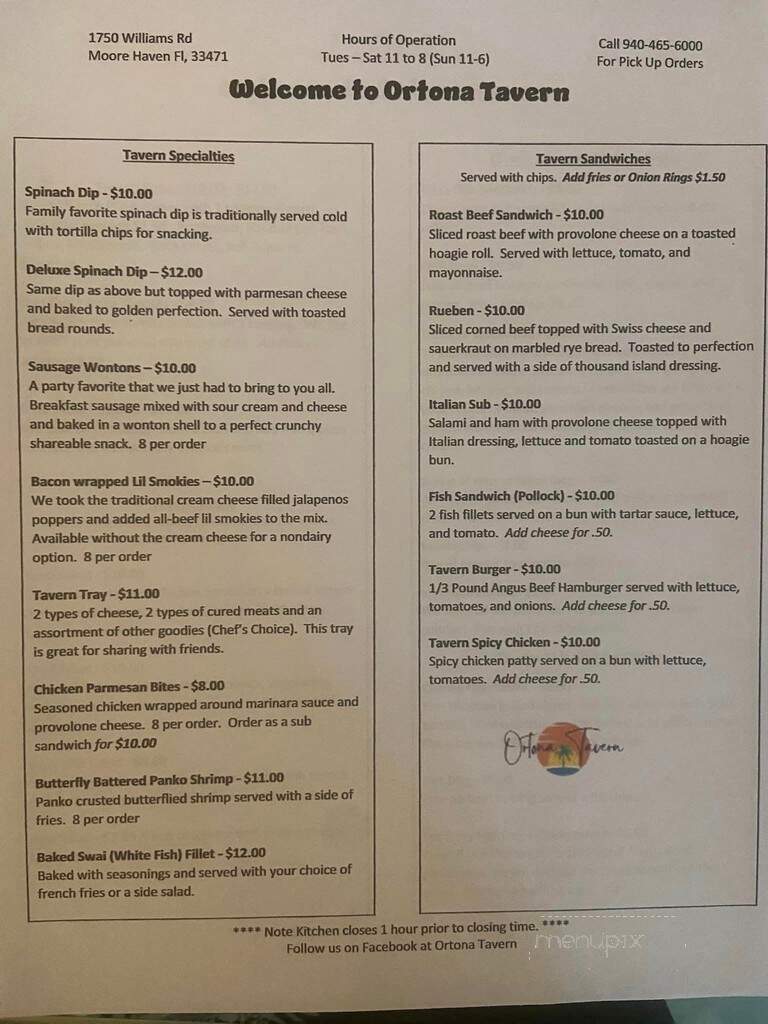 Ortona Tarvern - Moore Haven, FL menu_pic