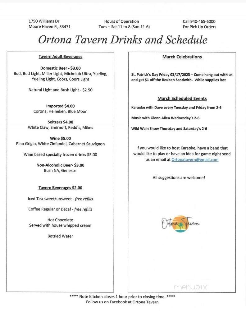 Ortona Tarvern - Moore Haven, FL menu_pic