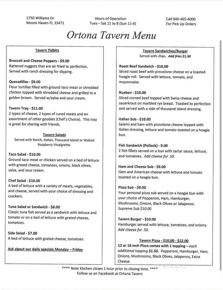 Ortona Tarvern - Moore Haven, FL menu_pic
