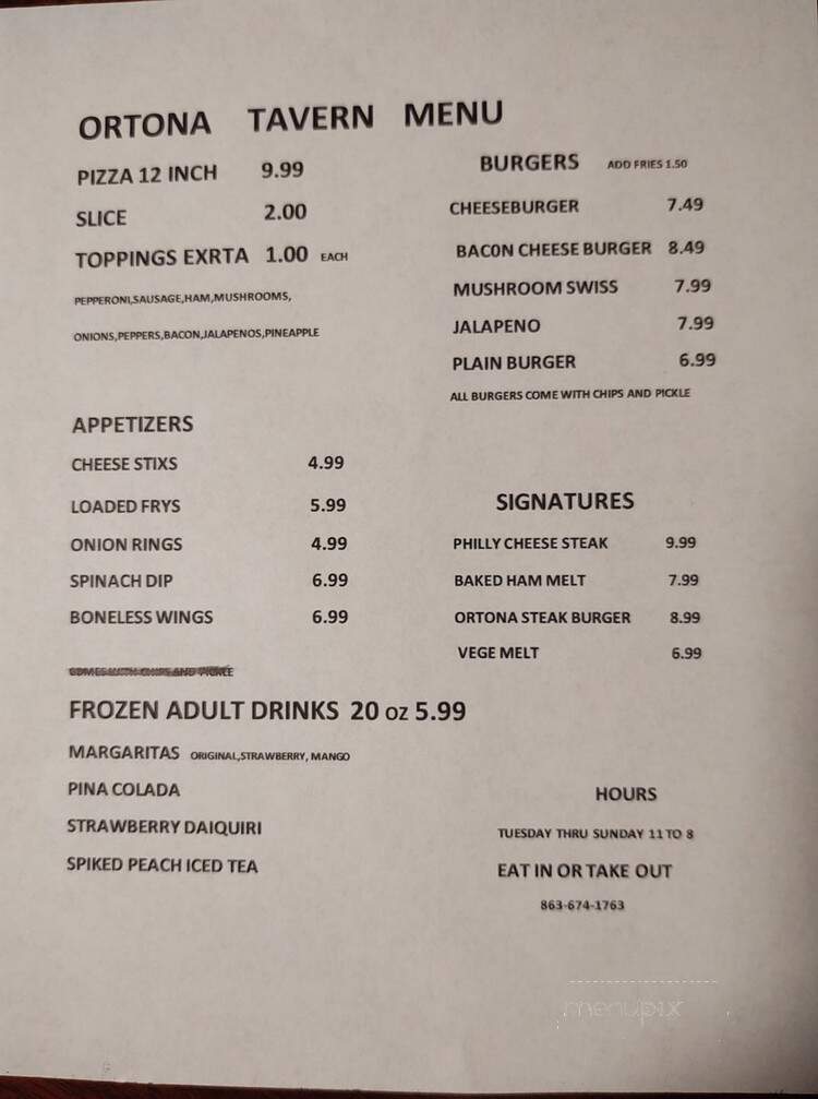 Ortona Tarvern - Moore Haven, FL menu_pic