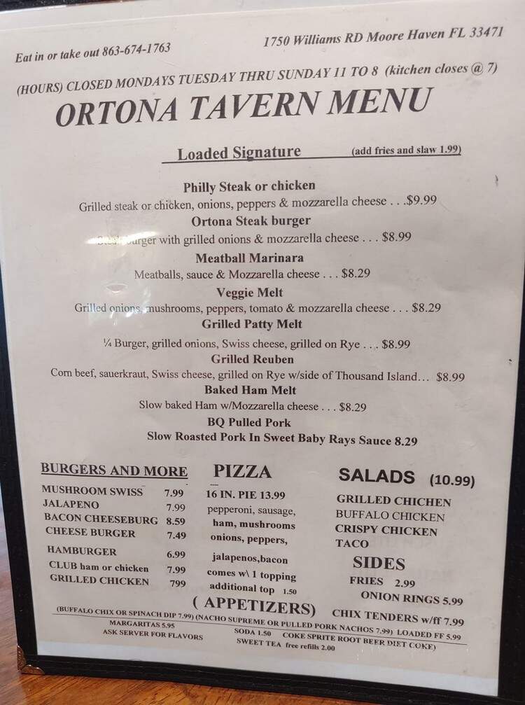 Ortona Tarvern - Moore Haven, FL menu_pic