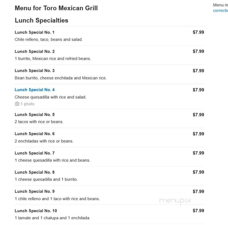 Toro Mexican Grill - White Pine, TN menu_pic