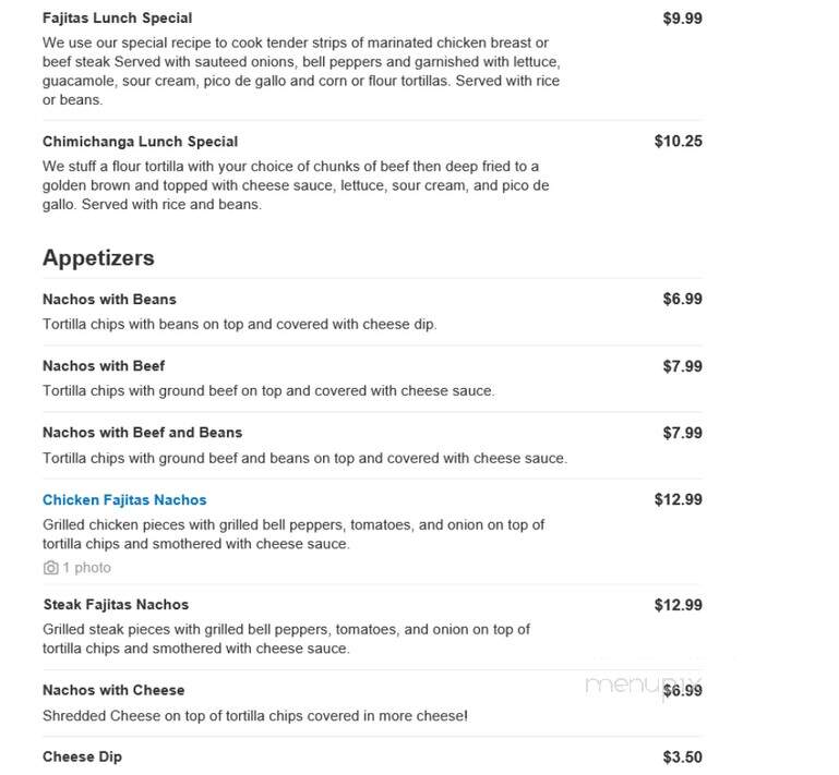 Toro Mexican Grill - White Pine, TN menu_pic