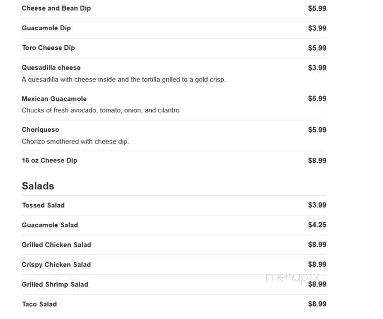 Toro Mexican Grill - White Pine, TN menu_pic
