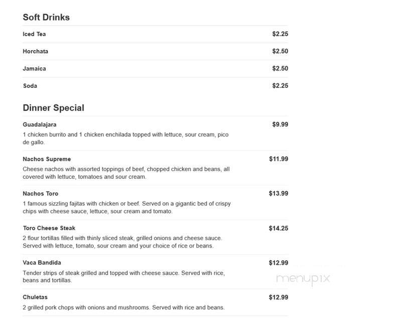 Toro Mexican Grill - White Pine, TN menu_pic