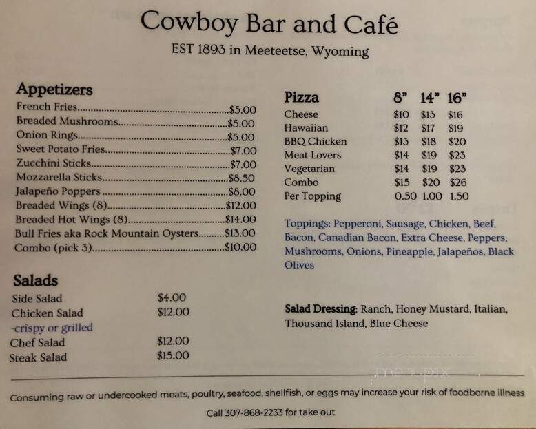 Cowboy Bar & Outlaw Cafe - Meeteetse, WY menu_pic