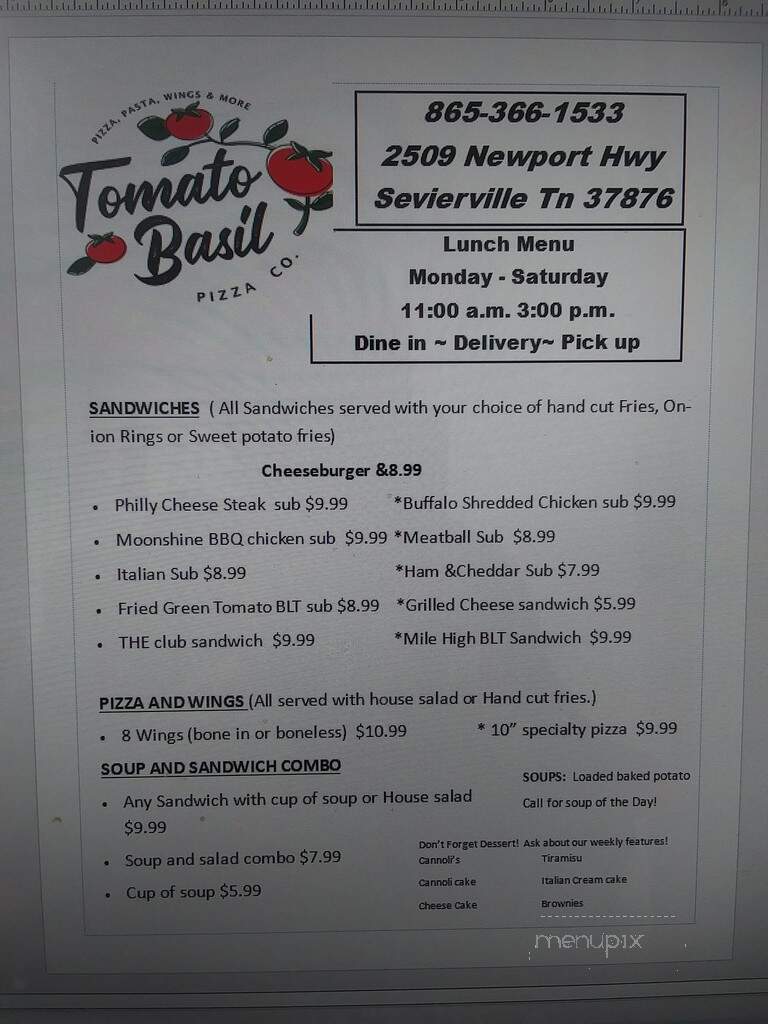 Tomato Basil Pizza Co - Sevierville, TN menu_pic