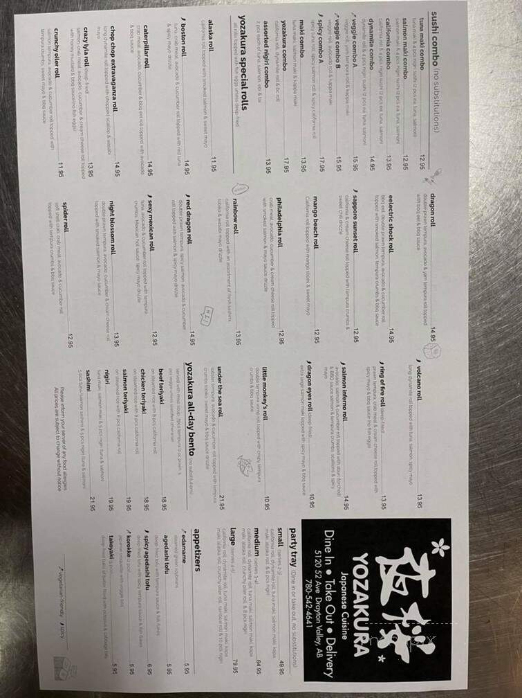 Yozakura Japanese Restaurant - Drayton Valley, AB menu_pic