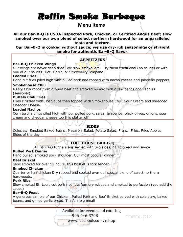 Rollin' Smoke Barbeque - Munising, MI menu_pic