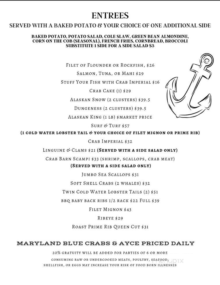 Crab Barn Restaurant - Millsboro, DE menu_pic