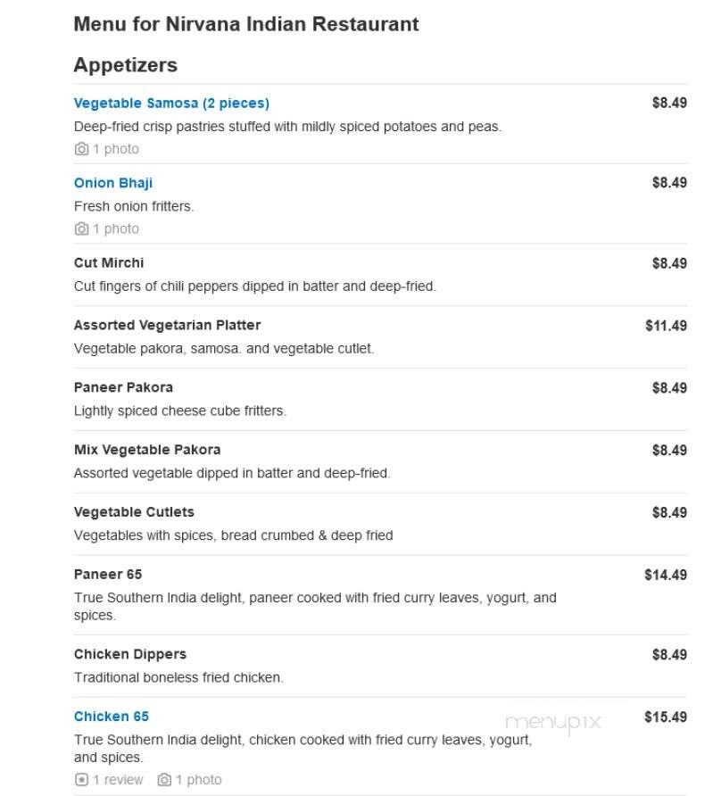Nirvana Indian Restaurant - Myrtle Beach, SC menu_pic