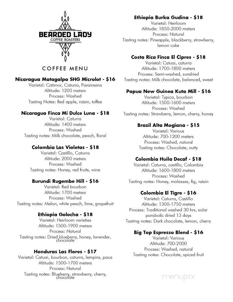 Bearded Lady Coffee Roasters - Joplin, MO menu_pic