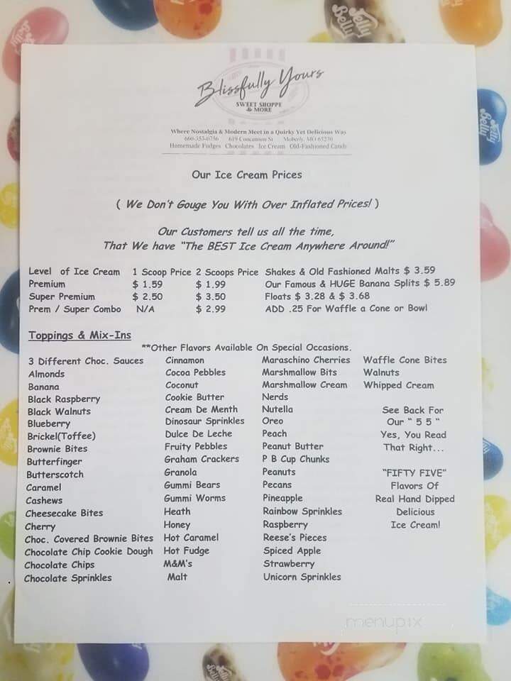 Blissfully Yours, Sweet Shoppe & More - Moberly, MO menu_pic