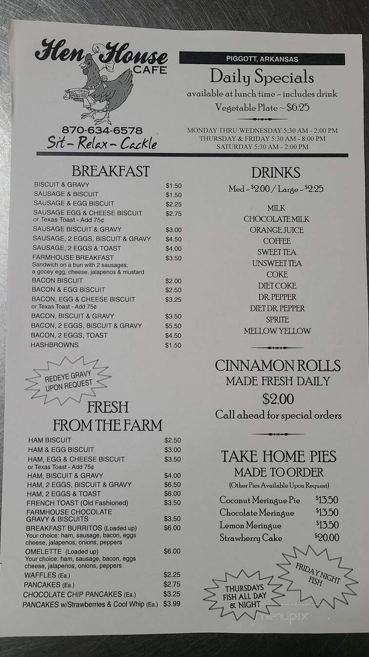 Hen House Cafe - Piggott, AR menu_pic