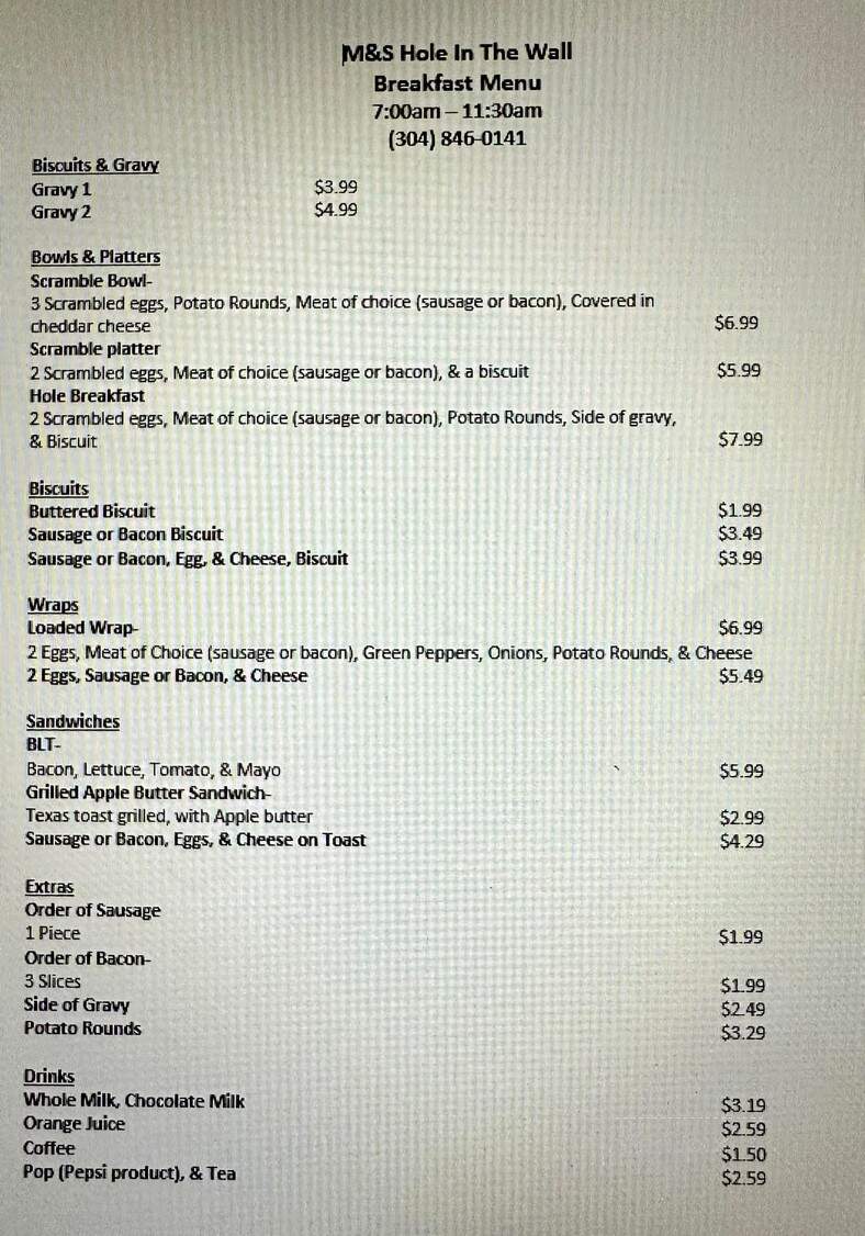 Hole in the Wall - Richwood, WV menu_pic