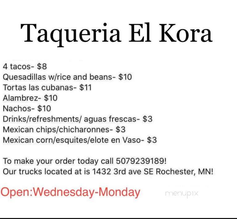 Taqueria El Kora - Rochester, MN menu_pic