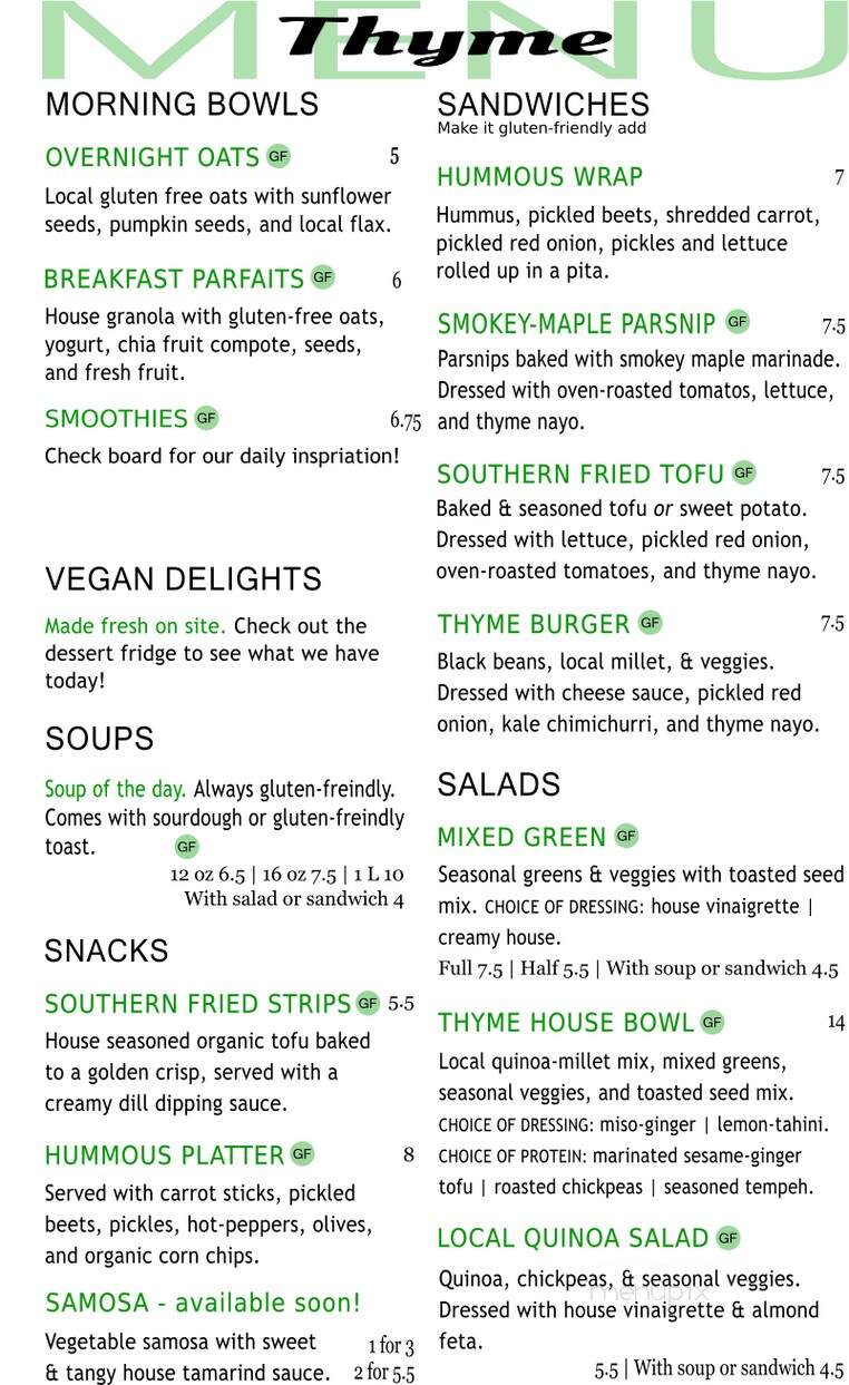 Thyme Cafe and Books - Winnipeg, MB menu_pic