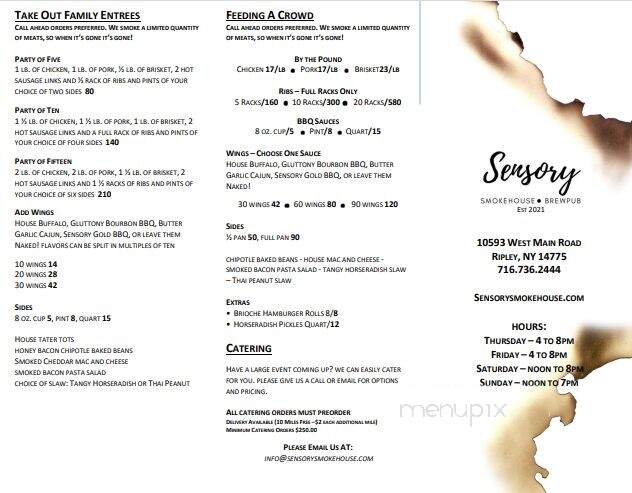 Sensory Smokehouse - Ripley, NY menu_pic