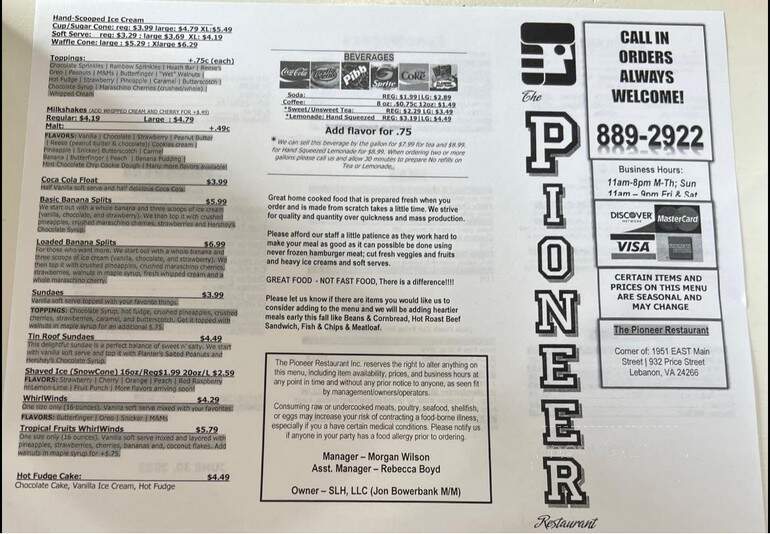 The Pioneer Restaurant - Lebanon, VA menu_pic