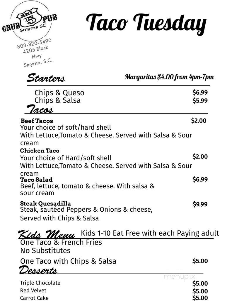Hwy 5 Grub & Pub - Smyrna, SC menu_pic