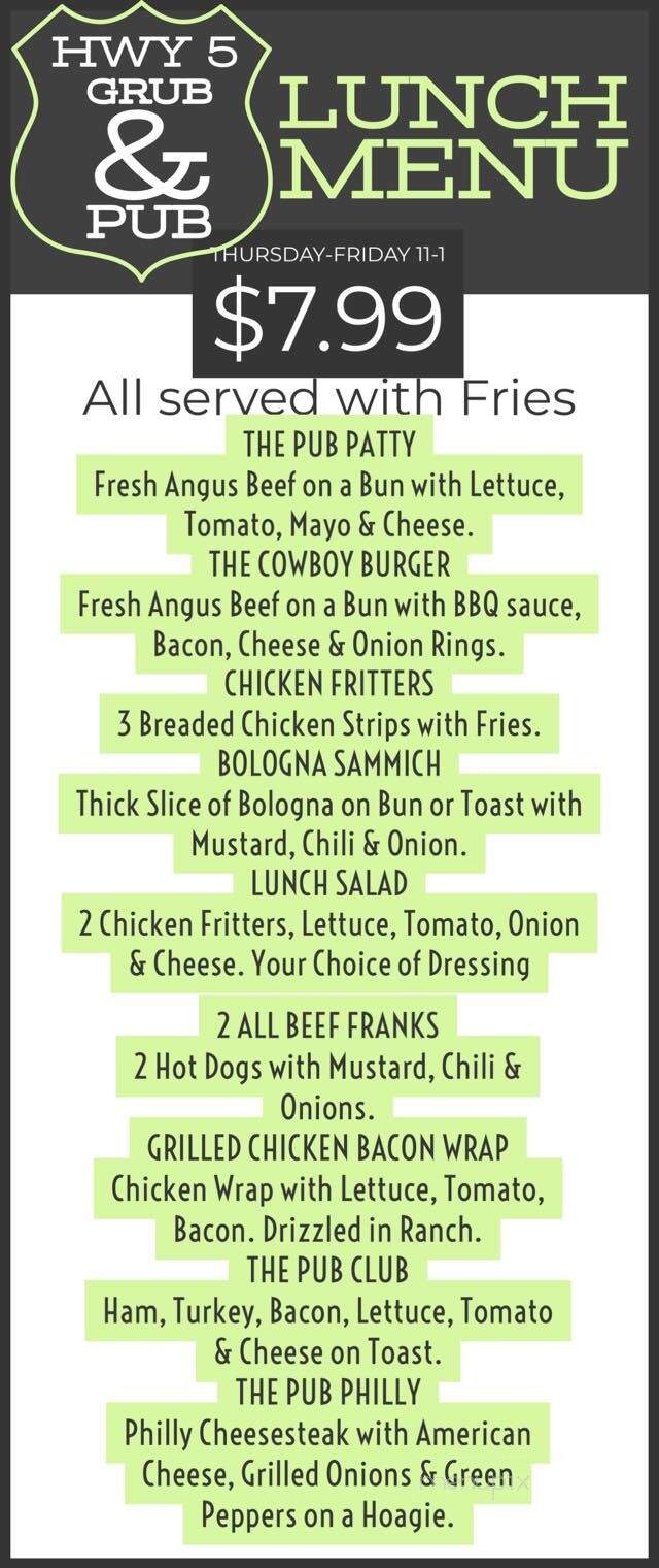 Hwy 5 Grub & Pub - Smyrna, SC menu_pic