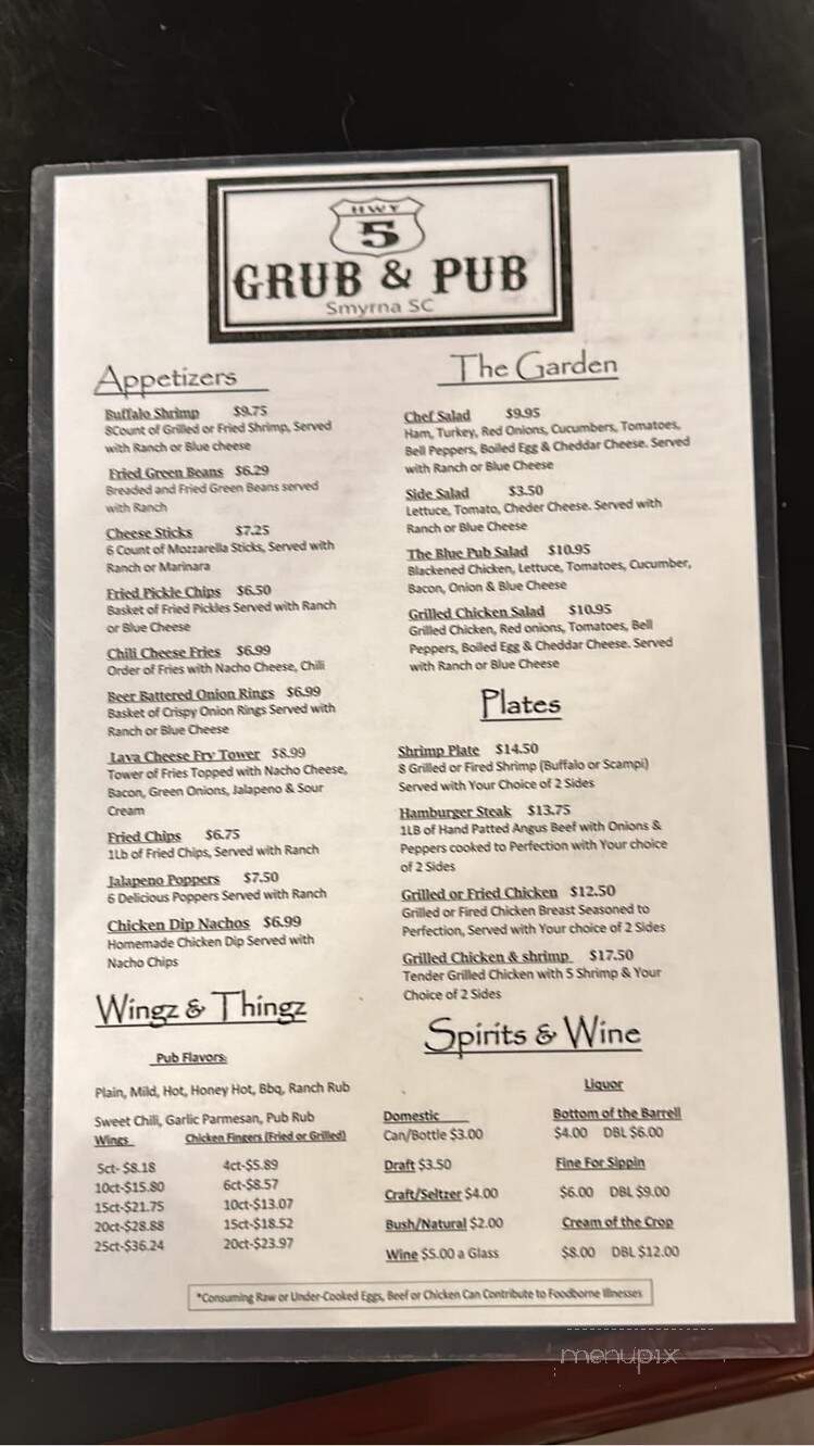 Hwy 5 Grub & Pub - Smyrna, SC menu_pic