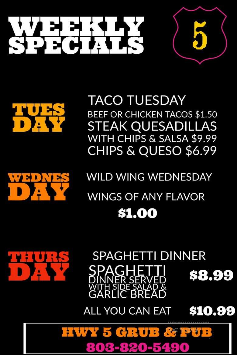 Hwy 5 Grub & Pub - Smyrna, SC menu_pic