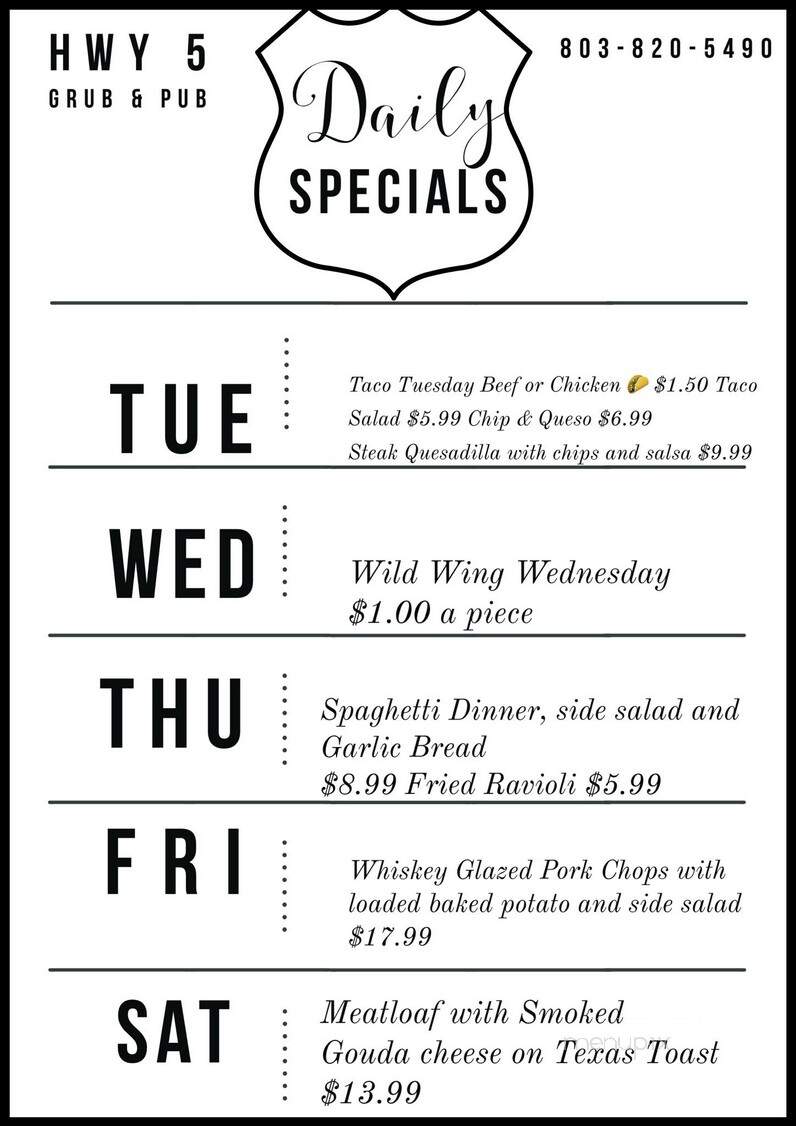 Hwy 5 Grub & Pub - Smyrna, SC menu_pic