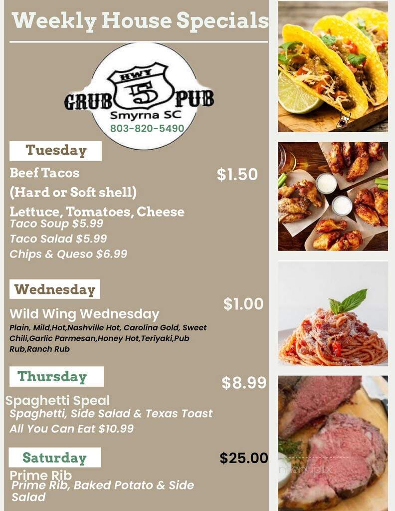 Hwy 5 Grub & Pub - Smyrna, SC menu_pic