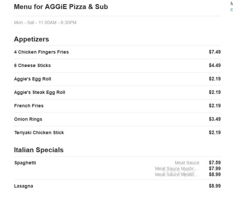 Aggie Pizza & Sub - Fremont, NC menu_pic