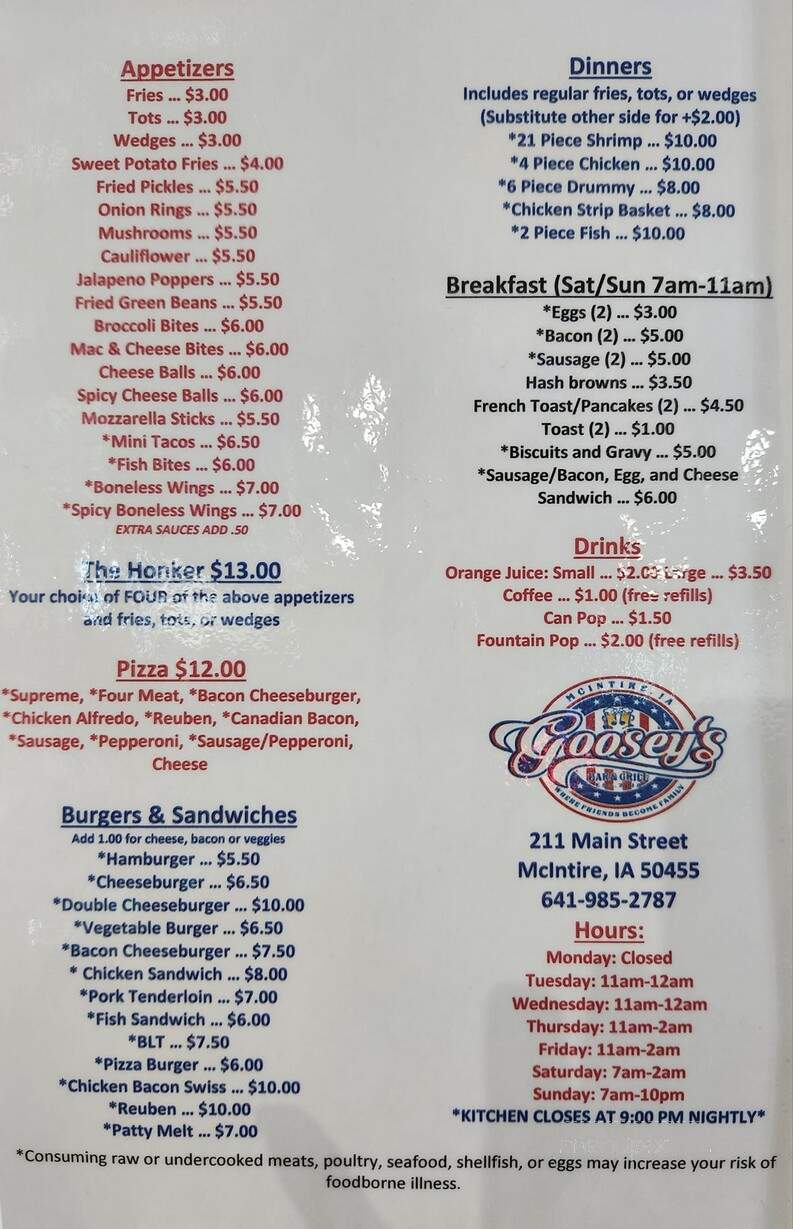 Goosey's Bar & Grill - McIntire, IA menu_pic