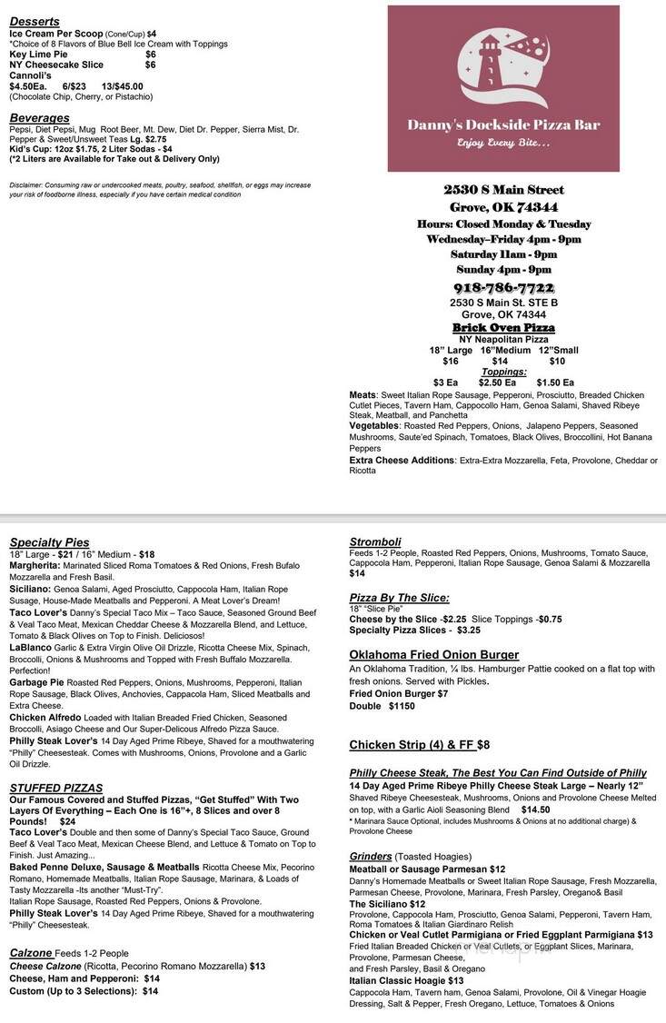 Danny Dockside Pizza Bar - Grove, OK menu_pic