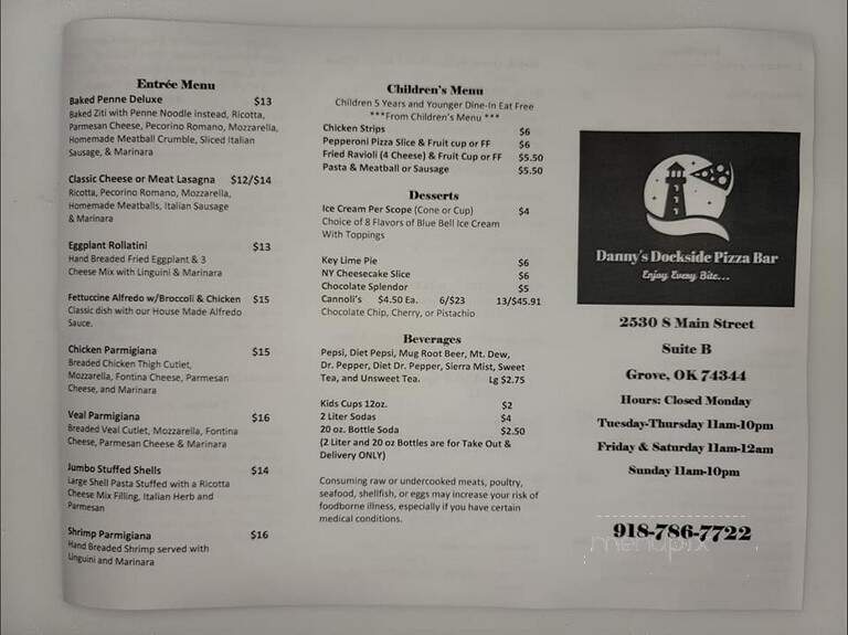 Danny Dockside Pizza Bar - Grove, OK menu_pic