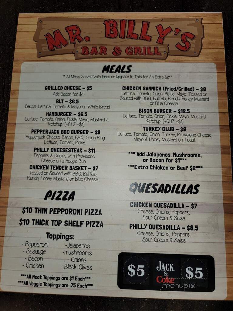 Mr. Billy's Bar and Grill - Clarksville, TN menu_pic