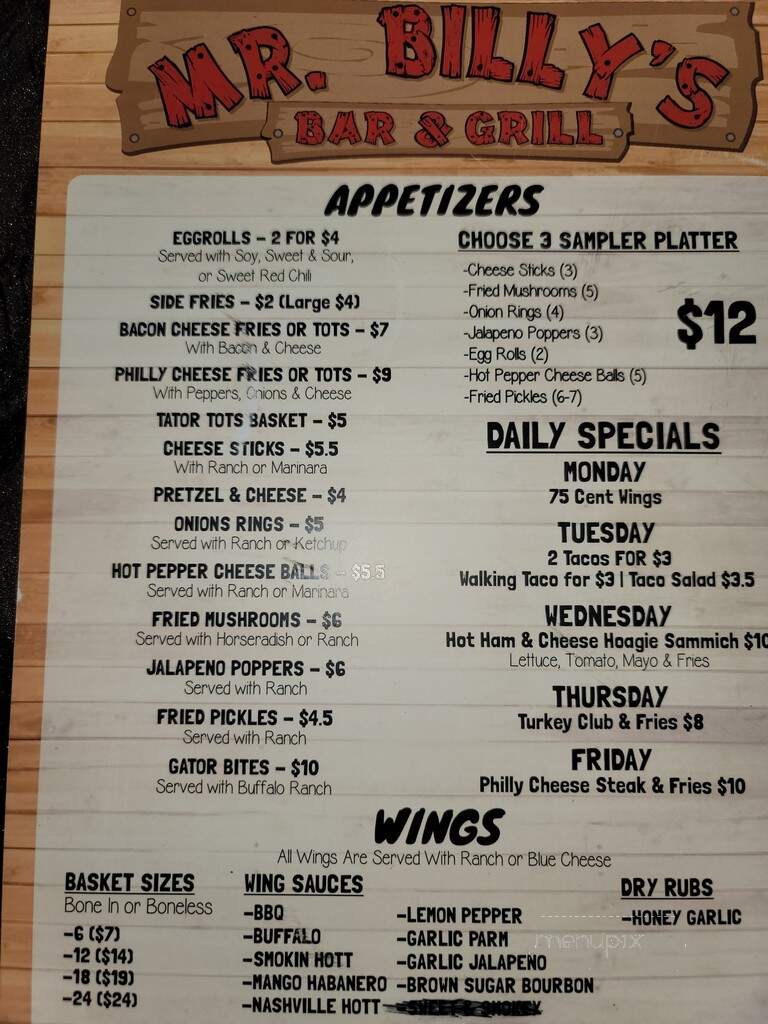 Mr. Billy's Bar and Grill - Clarksville, TN menu_pic