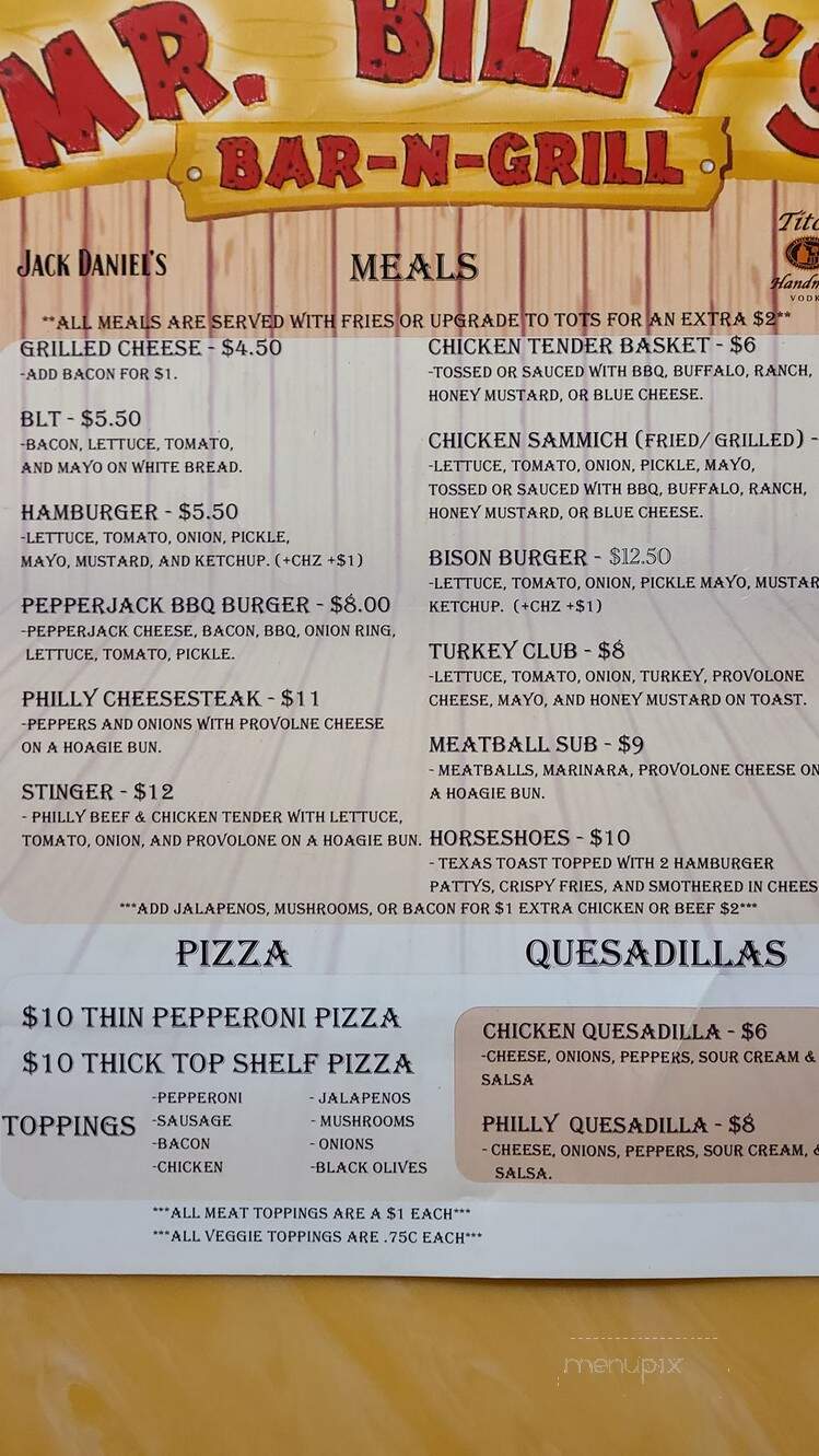 Mr. Billy's Bar and Grill - Clarksville, TN menu_pic