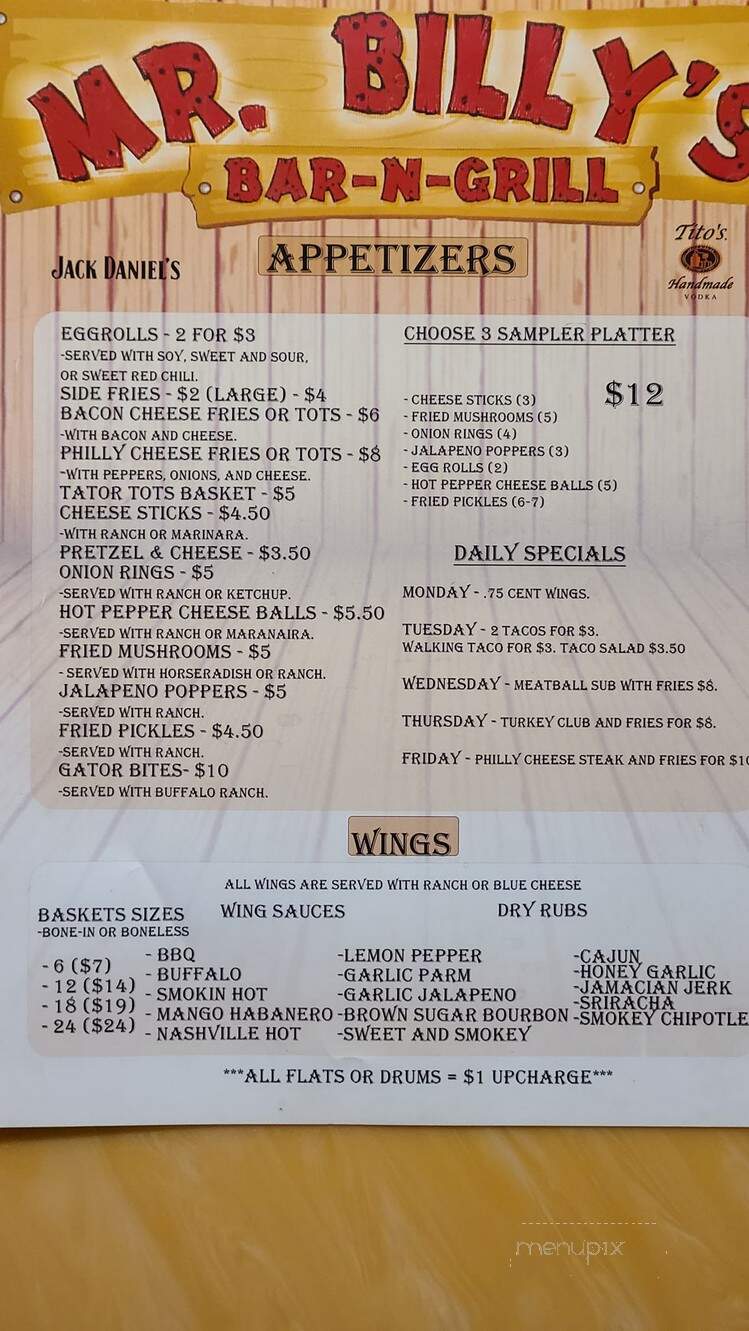 Mr. Billy's Bar and Grill - Clarksville, TN menu_pic