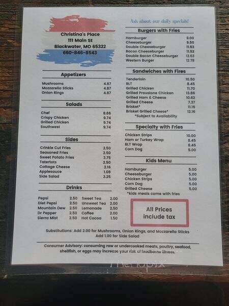 Christina's Place - Blackwater, MO menu_pic